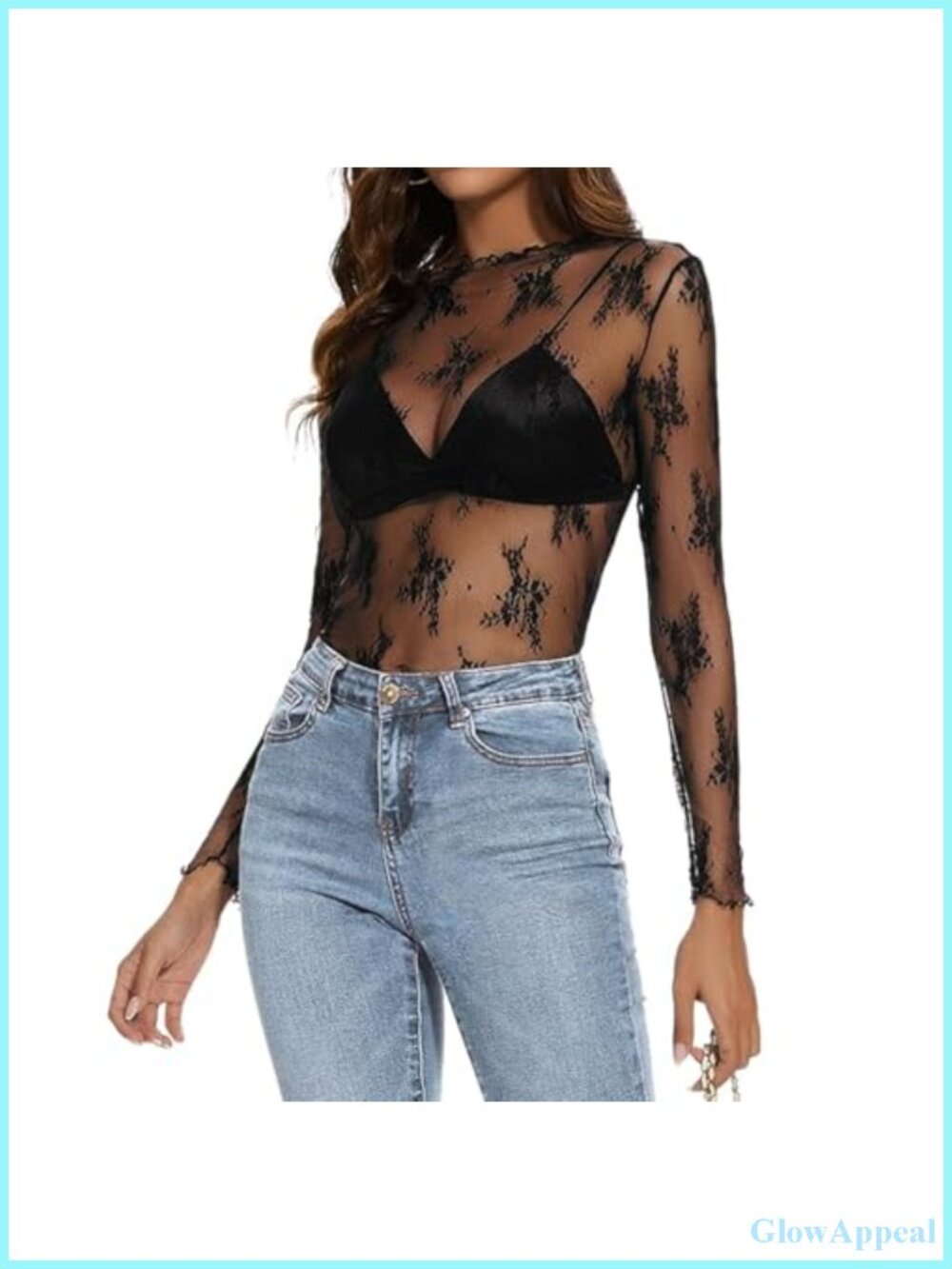 Women's Sheer Mesh Top Long Sleeve Mock Neck Floral Lace Blouse